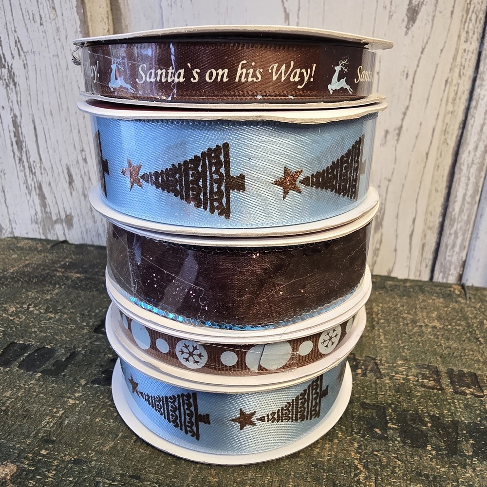 5 PC Set Celebrate It Christmas Ribbon Blue Brown Holiday 3/8" & 7/8"x15 Yds NEW
